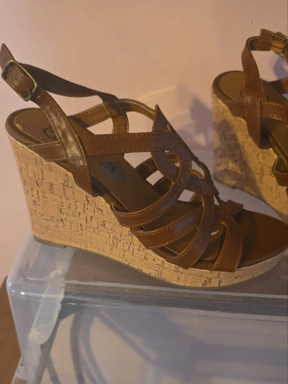 Tan Leather Strappy Cork Wedge Sandals